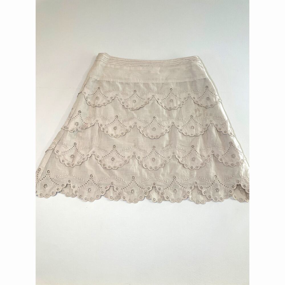 BCBGMaxAzria Embroidered Cotton Skirt Size 6 Beige Linen Look Fabric